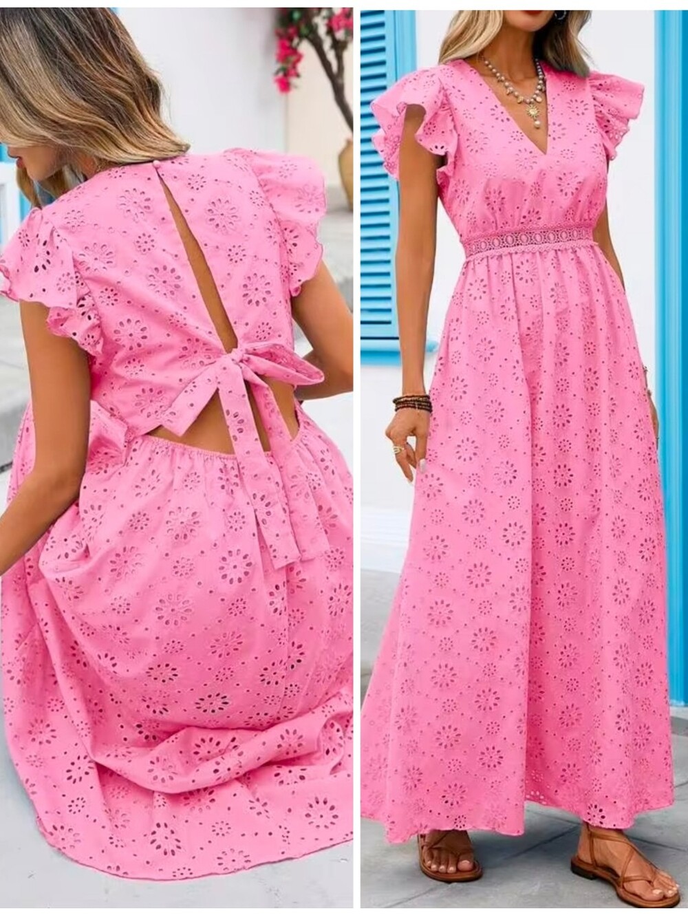 New Embroidered Eyelet Lace Ruffle Sleeve Tie Back Maxi Dress Pink